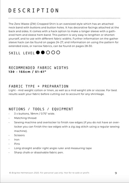 ZW CROPPED SHIRT - BIRGITTA HELMERSSON - PRINTED OR PDF PATTERN